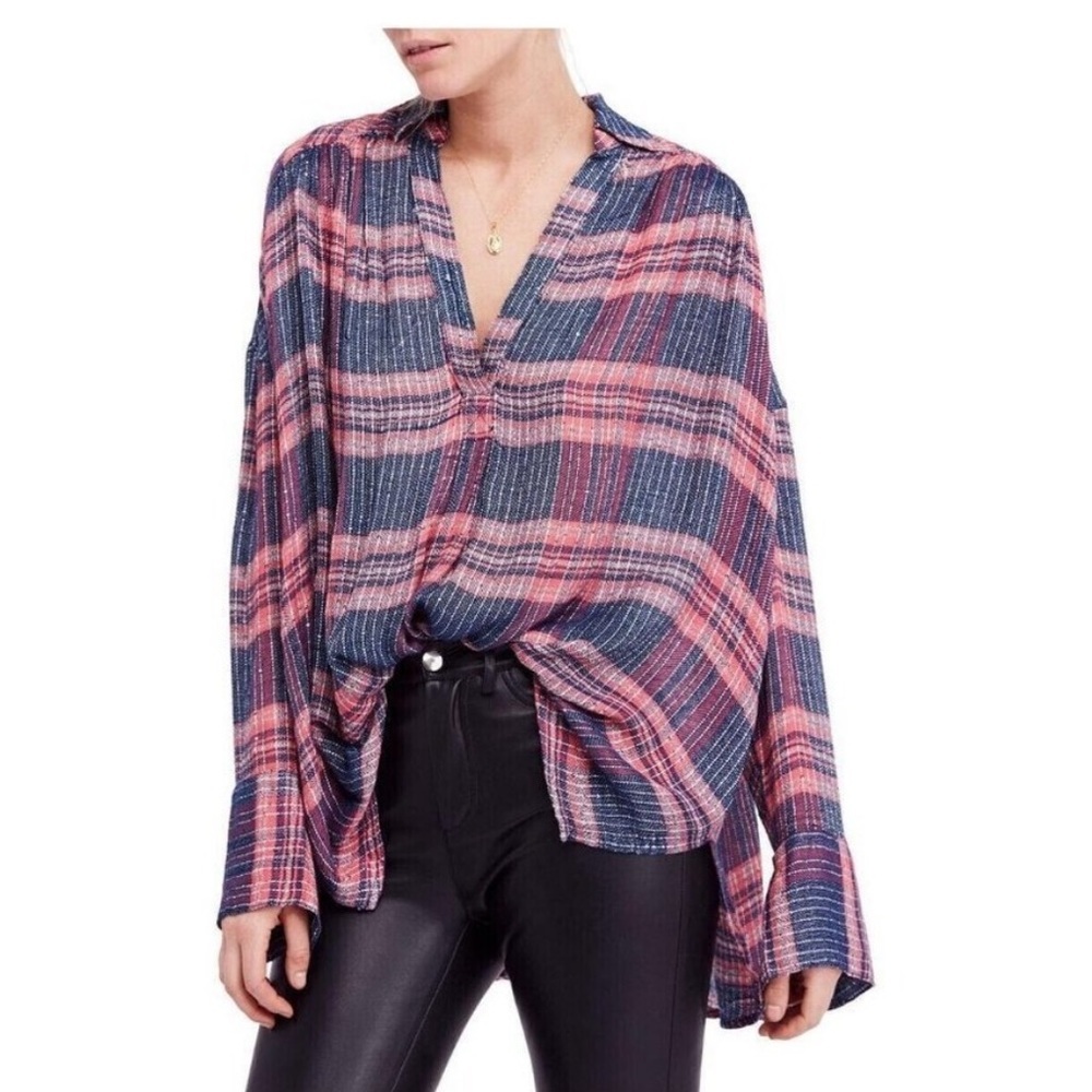 Free people blue and pink with sequins oversized plaid top
